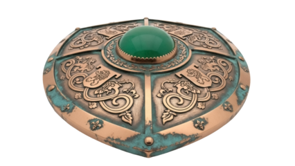 Ornate bronze shield with green gem isolated PNG, medieval heraldic design element for fantasy games and historical reenactment
