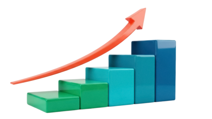 Colorful 3D bar graph with red arrow isolated PNG, business growth chart on transparent background for financial report and presentation