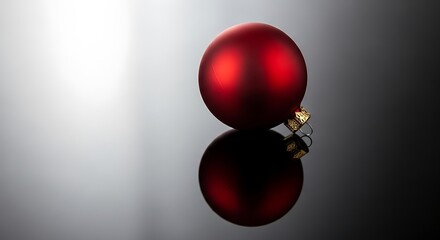 Vibrant red Christmas ornament on reflective surface with gold accents