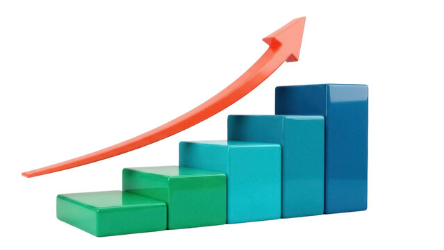 Colorful 3D bar graph with red arrow isolated PNG, business growth chart on transparent background for financial report and presentation