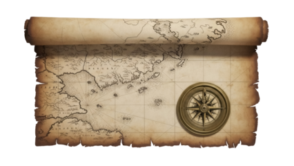 Antique map scroll with compass isolated PNG, vintage parchment with old world cartography on transparent background, nautical navigation tool