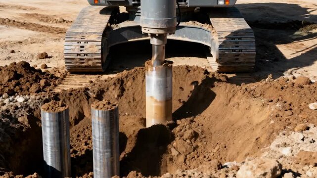 Closeup of heavy machinery driving steel piles into the ground for a deep pile foundation installation at a construction site