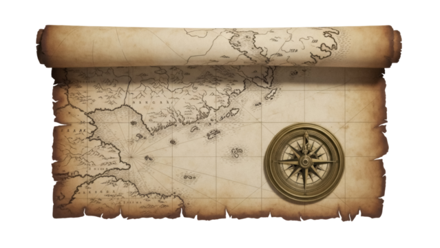Antique map scroll with compass isolated PNG, vintage parchment with old world cartography on transparent background, nautical navigation tool - Powered by Adobe