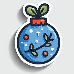 Cute Christmas Bauble Sticker. Cartoon Winter Holiday Blue Tree Ball with Floral Ornament Vector Illustration.