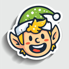 Cute Christmas Elf Sticker. Cartoon Winter Holiday Magical Character Face with Green Hat Vector Illustration.