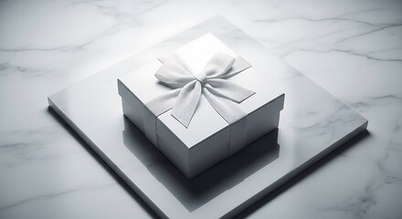 Elegant white gift box with ribbon on marble surface