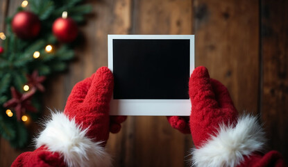 Santa hand holding polaroid on wooden background with Christmas decorations