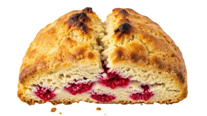 Golden raspberry scone cut in half isolated PNG, delicious baked good on transparent background for breakfast or dessert