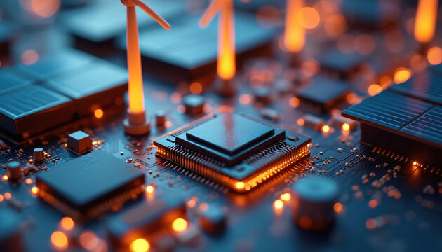 Circuit board merges solar panels and wind turbines, symbolizing future energy tech. Integrated microchip processes clean power data, futuristic infrastructure advances. - Powered by Adobe