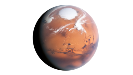 Mars planet PNG isolated on transparent background, red planet with polar ice caps and surface features, space exploration