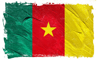 Distressed brushstroke rendering of the national colors of Cameroon, featuring vertical green, red, and yellow bands and a central golden star.