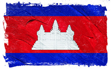 Distressed and textured rendering of the Cambodian flag showcases horizontal bands of blue and red, centered with Angkor Wat, invoking a sense of resilience.