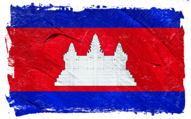 Distressed and textured rendering of the Cambodian flag showcases horizontal bands of blue and red, centered with Angkor Wat, invoking a sense of resilience.
