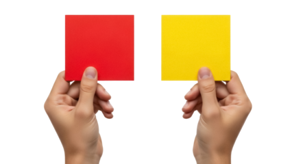 Referee holding red and yellow cards isolated PNG, soccer official showing penalty cards on transparent background