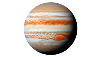 Jupiter planet isolated PNG on transparent background, gas giant with colorful bands and Great Red Spot for astronomy and science education