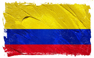 Textured brushstroke rendering of a national flag with vibrant yellow, blue, and red bands evoking a sense of patriotic spirit and cultural identity.
