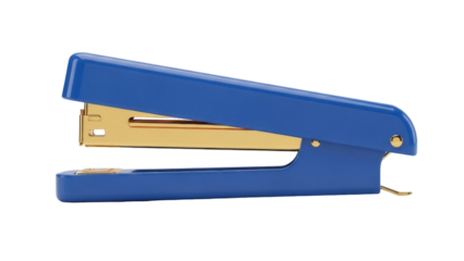 Blue stapler isolated PNG on transparent background, office supply for paper fastening and document organization, stationery tool