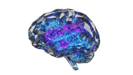 Geometric brain with glowing connections isolated PNG, futuristic crystal mind on transparent background for science and technology concepts