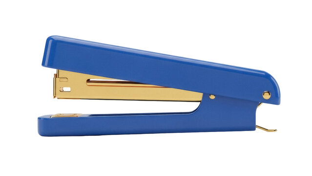 Blue stapler isolated PNG on transparent background, office supply for paper fastening and document organization, stationery tool