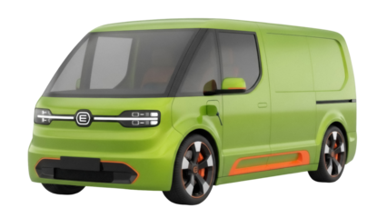Green electric delivery van PNG isolated on transparent background, modern eco-friendly vehicle for logistics and transportation