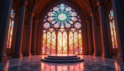 Grand church interior features colorful stained glass window, circular platform. Bright light from ornate glass reflects on marble floor. Gothic architecture columns support arches creating sacred