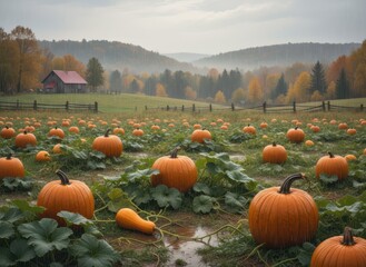 Vast Pumpkin Field Under Soft Rain with Scenic Fall Landscape