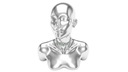 Silver mannequin bust with emerald and diamond necklace isolated PNG, jewelry display for fashion and retail design projects on transparent background