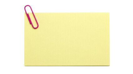 Yellow sticky note with pink paper clip isolated PNG, blank memo pad for reminders and organization on transparent background