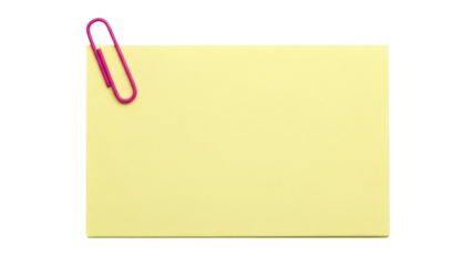 Yellow sticky note with pink paper clip isolated PNG, blank memo pad for reminders and organization on transparent background