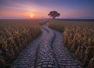 Serene Sunrise Over Cobblestone Path in Cornfield Landscape