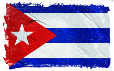 Distressed rendering of a Cuban national flag featuring red, white, and blue horizontal stripes with a white star on a red triangle over a black background.