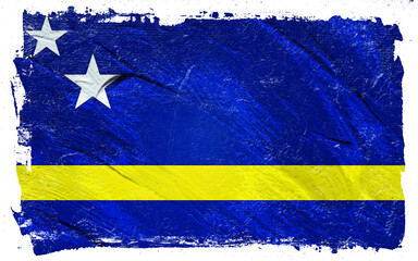 Distressed Curacao Flag with Brushstroke Texture, displaying the national colors in blue and yellow and two distinct white stars on the upper portion.