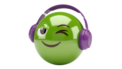 Green winking emoji with purple headphones isolated PNG, playful emoticon with musical accessory on transparent background