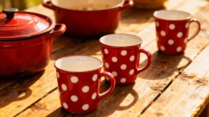 rustic mugs and pots on wooden table, red with white dots