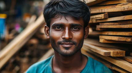 Focused Indian craftsman portrait with wooden background