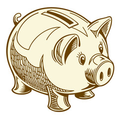 Gold piggy bank with brown lines cartoon pig money box
