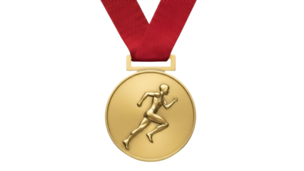 Gold medal with runner isolated PNG on transparent background, sports award for winning and achievement in athletic competitions
