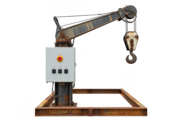 Rusty industrial crane with control box isolated on a transparent background