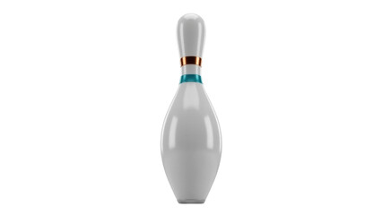 Bowling pin isolated PNG on transparent background, classic skittle with blue and bronze stripes for sports and recreation