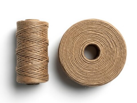 Two spools of brown twine, cylindrical and flat, isolated on white background