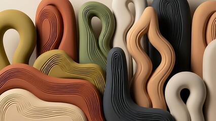 Abstract organic shapes in earthy tones with textured surfaces create a modern artistic composition