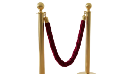 Elegant gold stanchions with red velvet rope isolated PNG, luxury barrier for events and VIP access on transparent background