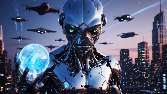 Futuristic Alien Robot Overlooking a Cyberpunk City with Flying Spaceships.