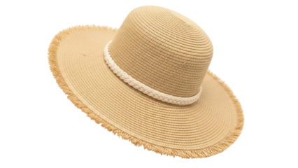 Elegant straw sun hat with braided rope isolated on transparent PNG, fashionable summer headwear for beach vacation and sun protection