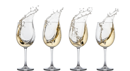 four tulip-shaped crystal stemware glasses with aggressively splashing pale gold white wine, dramatic rim light, transparent isolation. concept for beverage advertising