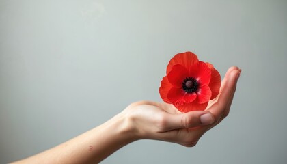 Woman hand holds red poppy flower. Symbol of remembrance for soldiers. Commemorates sacrifice and peace. Red bloom honors fallen heroes. A tribute to veterans.