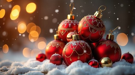 Festive red christmas decorations nestled in soft snow against a sparkling light backdrop