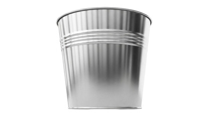 Shiny silver metal bucket isolated PNG, empty pail for cleaning or gardening on transparent background, realistic container for household use