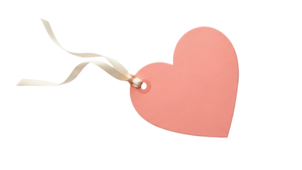 Peach heart-shaped tag with ribbon isolated PNG, blank label for gift, Valentine s Day, or product pricing on transparent background
