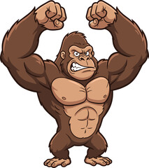 Cartoon muscular gorilla, clenched fists, intense face, upright pose, power stance, aggressive expression, strong animal -flat vector illustration